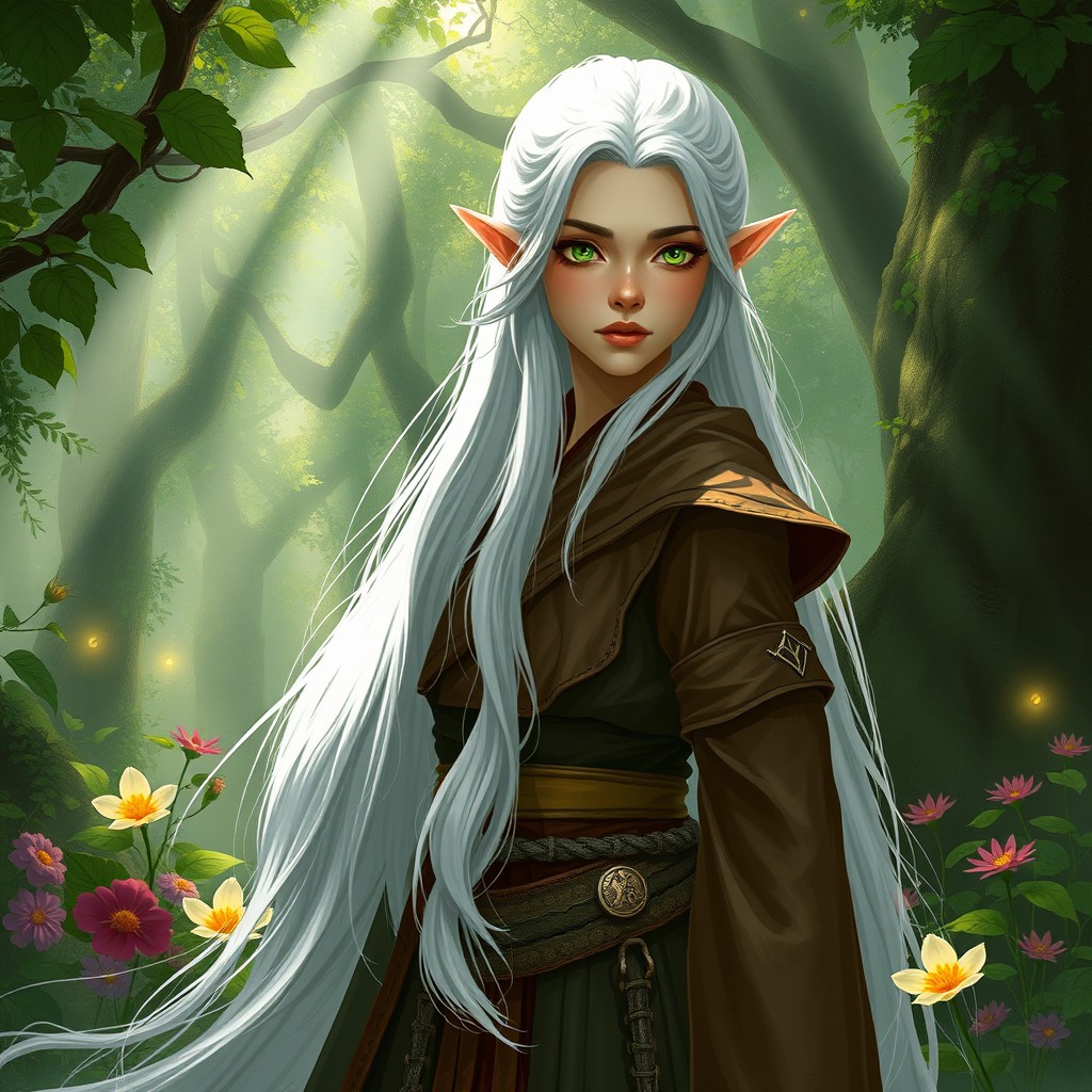 A D&D character concept of a female elf monk druid, showcasing her with striking white hair that cascades elegantly down her back