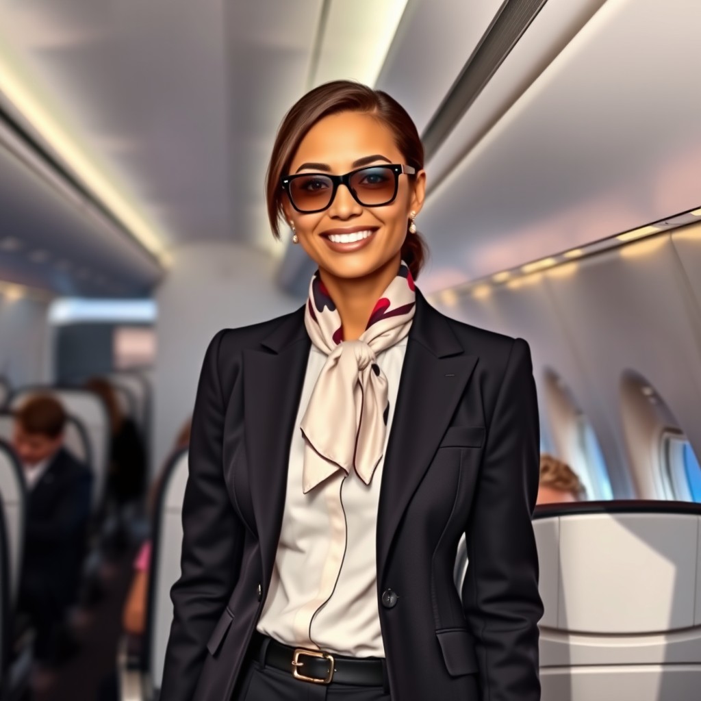 A stylish flight attendant standing confidently in an airplane cabin, wearing a sleek uniform that includes a fitted blazer and a chic neck scarf