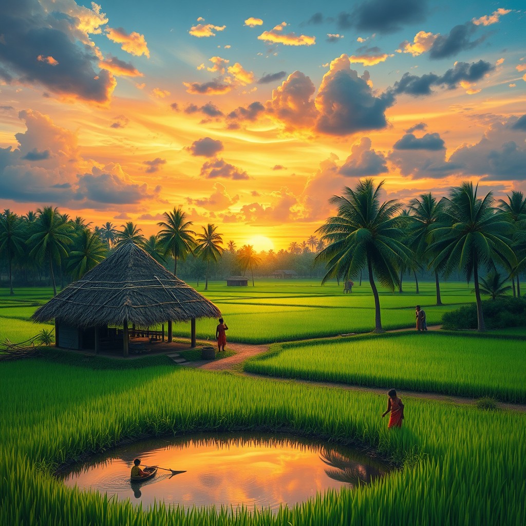 A serene landscape depicting a traditional Tamil village during sunset, with vibrant green rice fields stretching out under a colorful sky filled with clouds