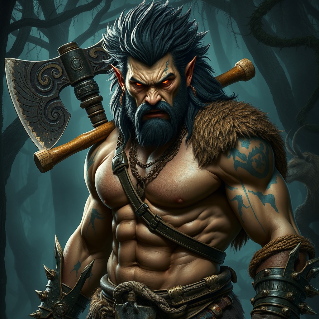 A fierce shifter barbarian, showcasing impressive muscles and battle scars, adorned with tribal tattoos and a wild mane of hair
