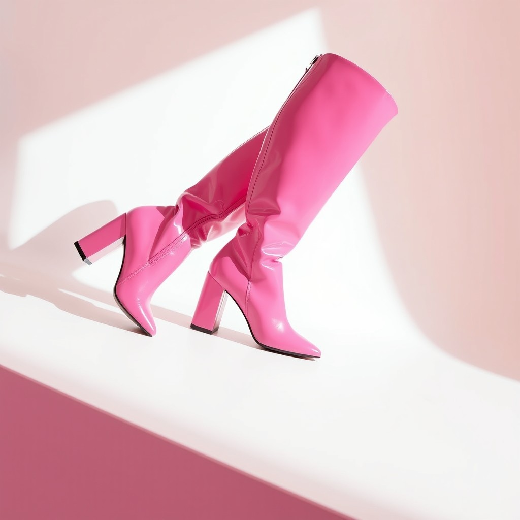A stylish pair of pink PVC knee-high boots, showcasing a glossy surface that glimmers under soft lighting