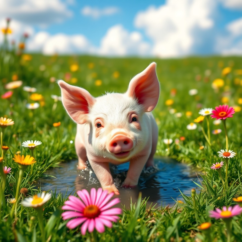 a cute pink piglet playing in a lush green meadow, surrounded by colorful wildflowers, under a bright blue sky with fluffy white clouds, the piglet is happily splashing in a small puddle of water, droplets sparkling in the sunlight, its ears perked up and a playful expression on its face, the background is vibrant and full of life, capturing a joyful rural scene