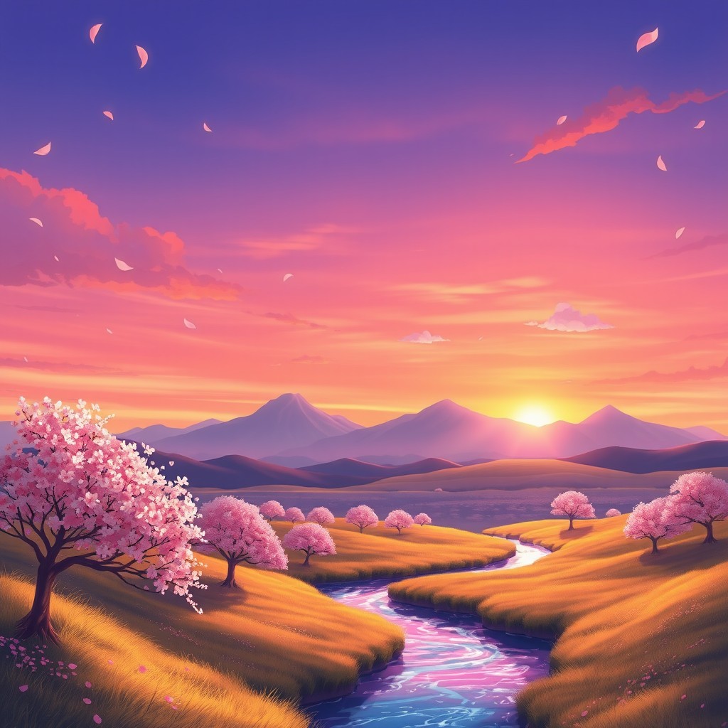 A stunning anime background featuring a serene landscape with rolling hills and a crystal-clear river flowing through