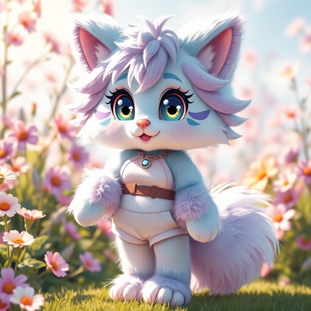 A charming and extremely cute furry femboy character, featuring fluffy, colorful fur in shades of pastel blue and lavender