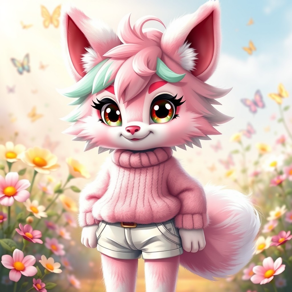 A delightful and extremely cute furry femboy character, with fluffy multicolored fur in shades of pastel pink and mint green