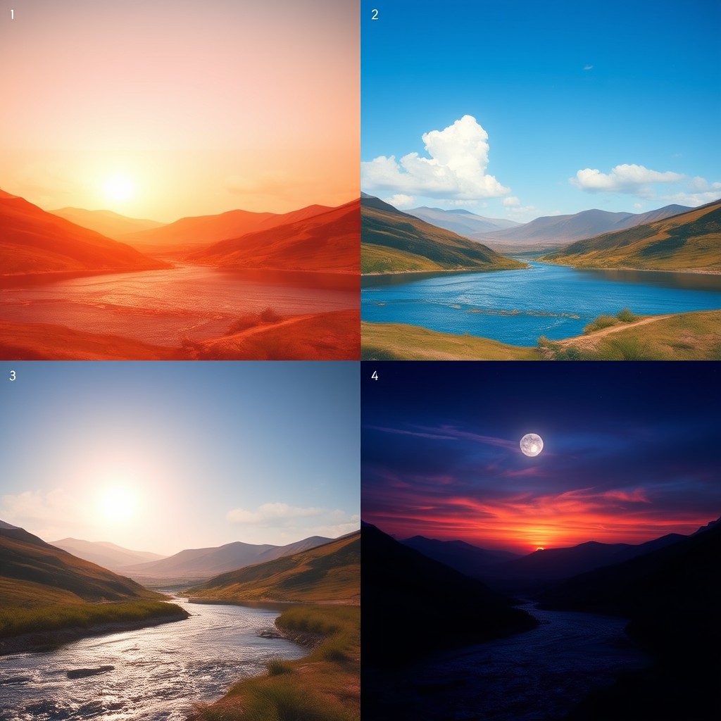 Create a series of images based on a base image featuring a serene landscape with rolling hills, a clear blue sky, and a sparkling river flowing through the foreground