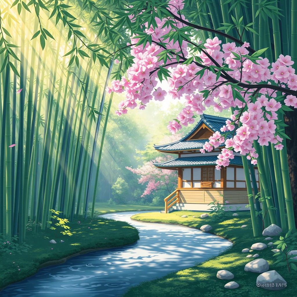 An enchanting scene illustrating Japanese aesthetics, showcasing a serene bamboo grove with dappled sunlight filtering through the leaves, and a traditional Japanese tea house nestled among lush greenery