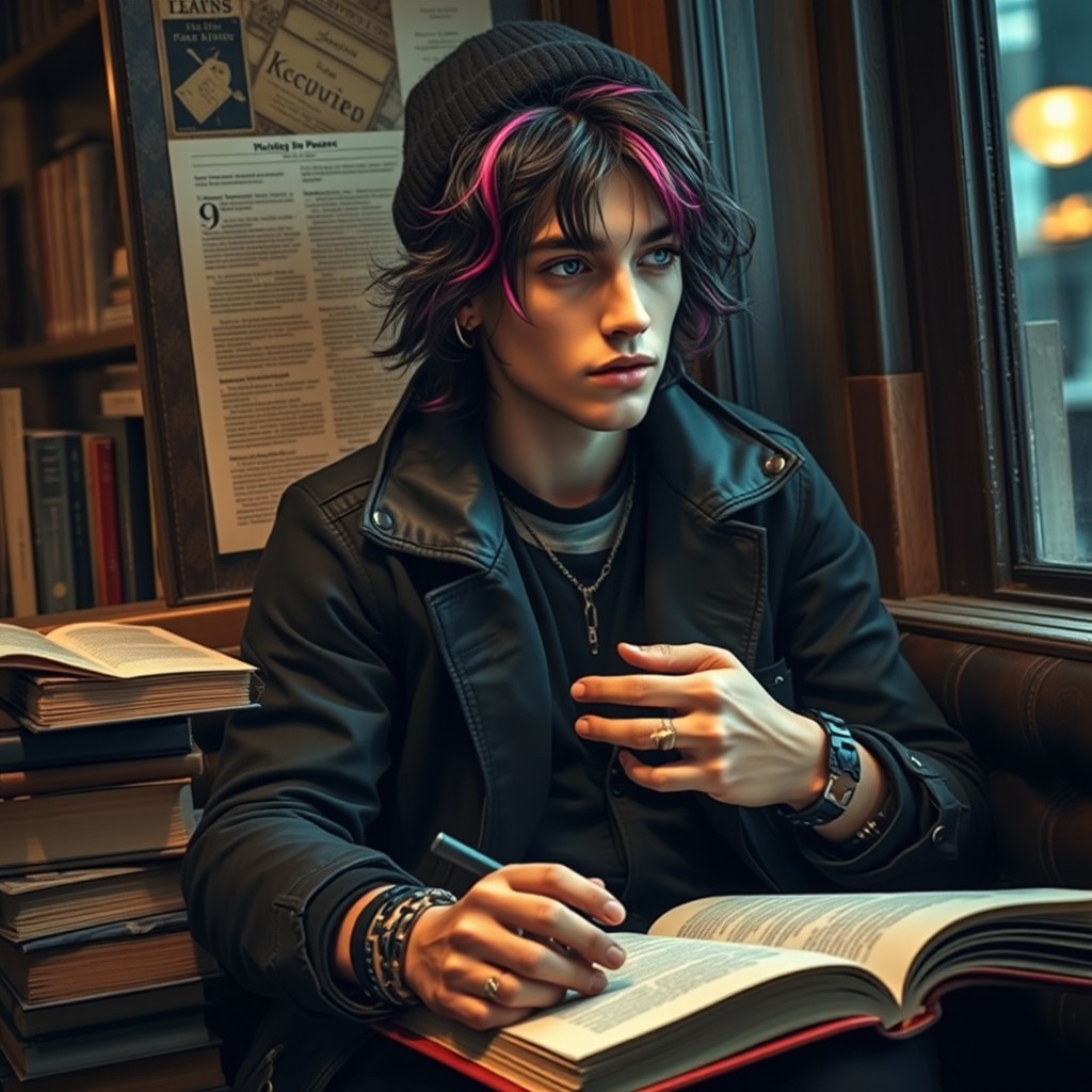 A handsome gay emo poet, a college junior with expressive features, dark wavy hair dyed with vibrant streaks, and deep melancholic eyes