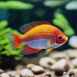 A vibrantly colored gourami fish swimming elegantly in clear freshwater