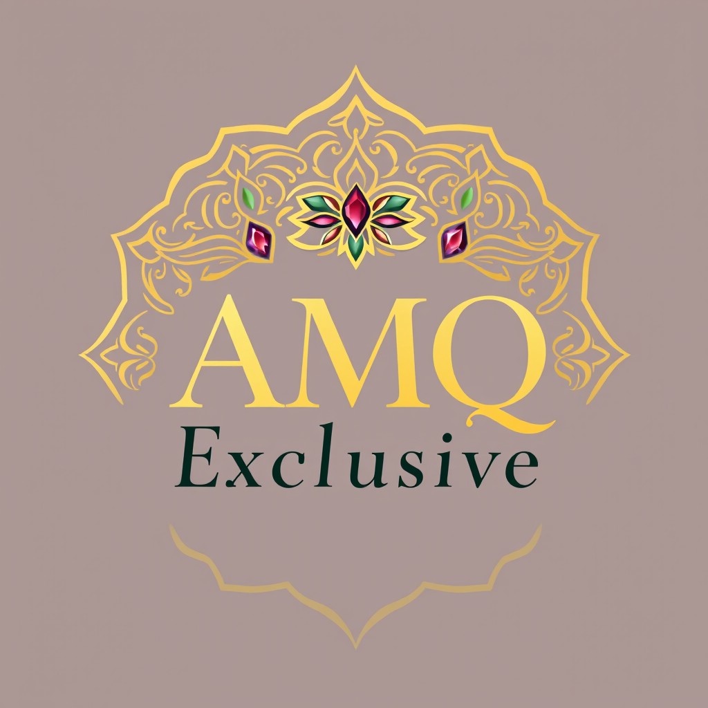 A sophisticated and elegant logo design for 'AMQ Exclusive', a one-stop shop specializing in Islamic items including fabrics, abayas, perfumes, and jewelry
