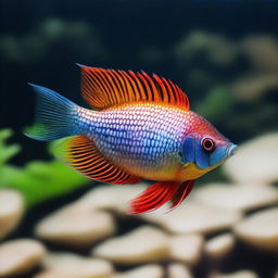 A vibrantly colored gourami fish swimming elegantly in clear freshwater