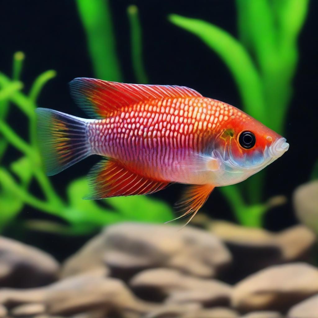 A vibrantly colored gourami fish swimming elegantly in clear freshwater