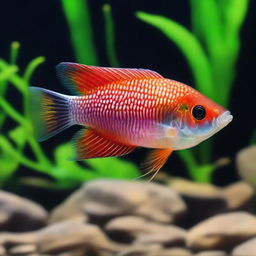 A vibrantly colored gourami fish swimming elegantly in clear freshwater