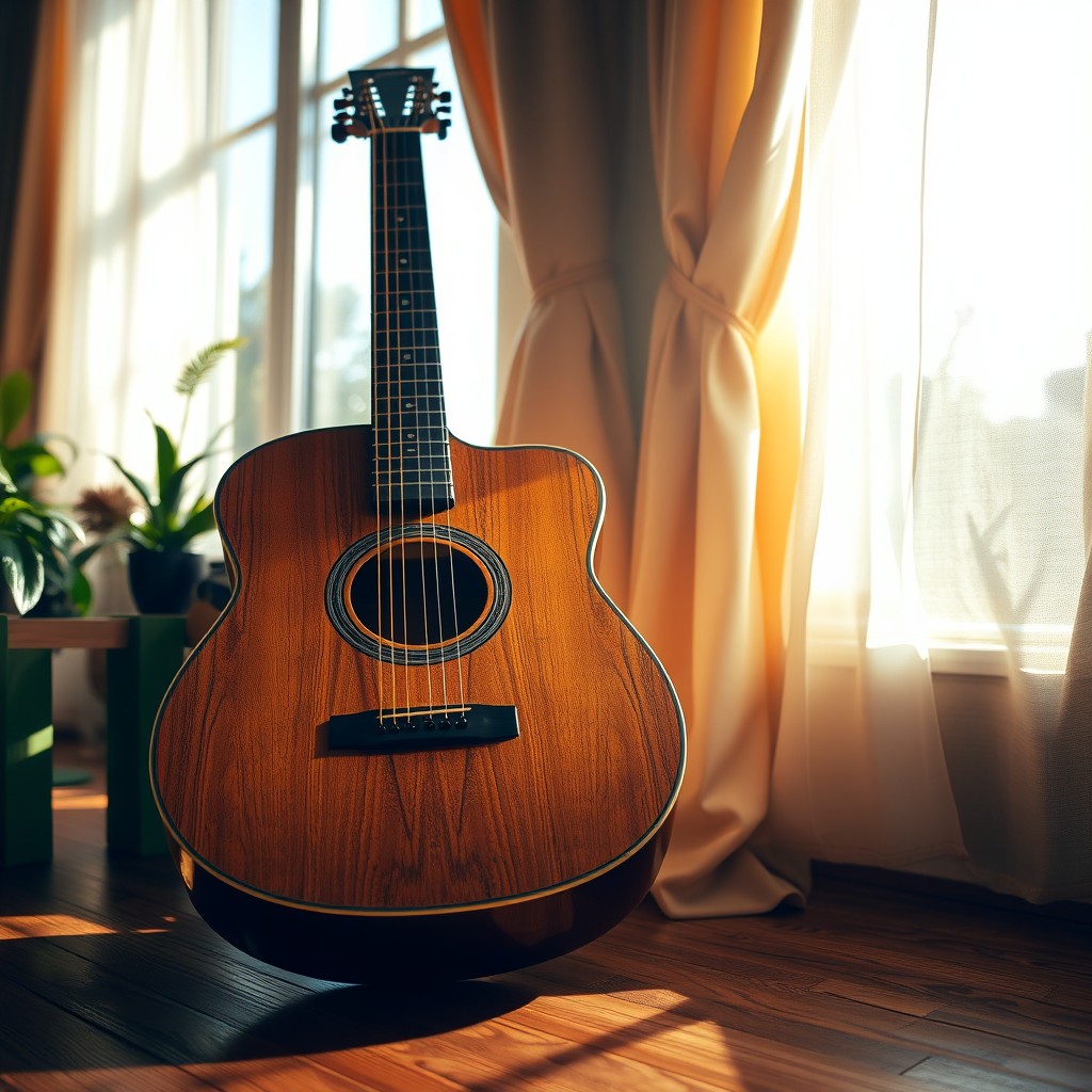 A beautifully crafted acoustic guitar resting against a sunlit window, showcasing intricate woodgrain patterns and a glossy finish