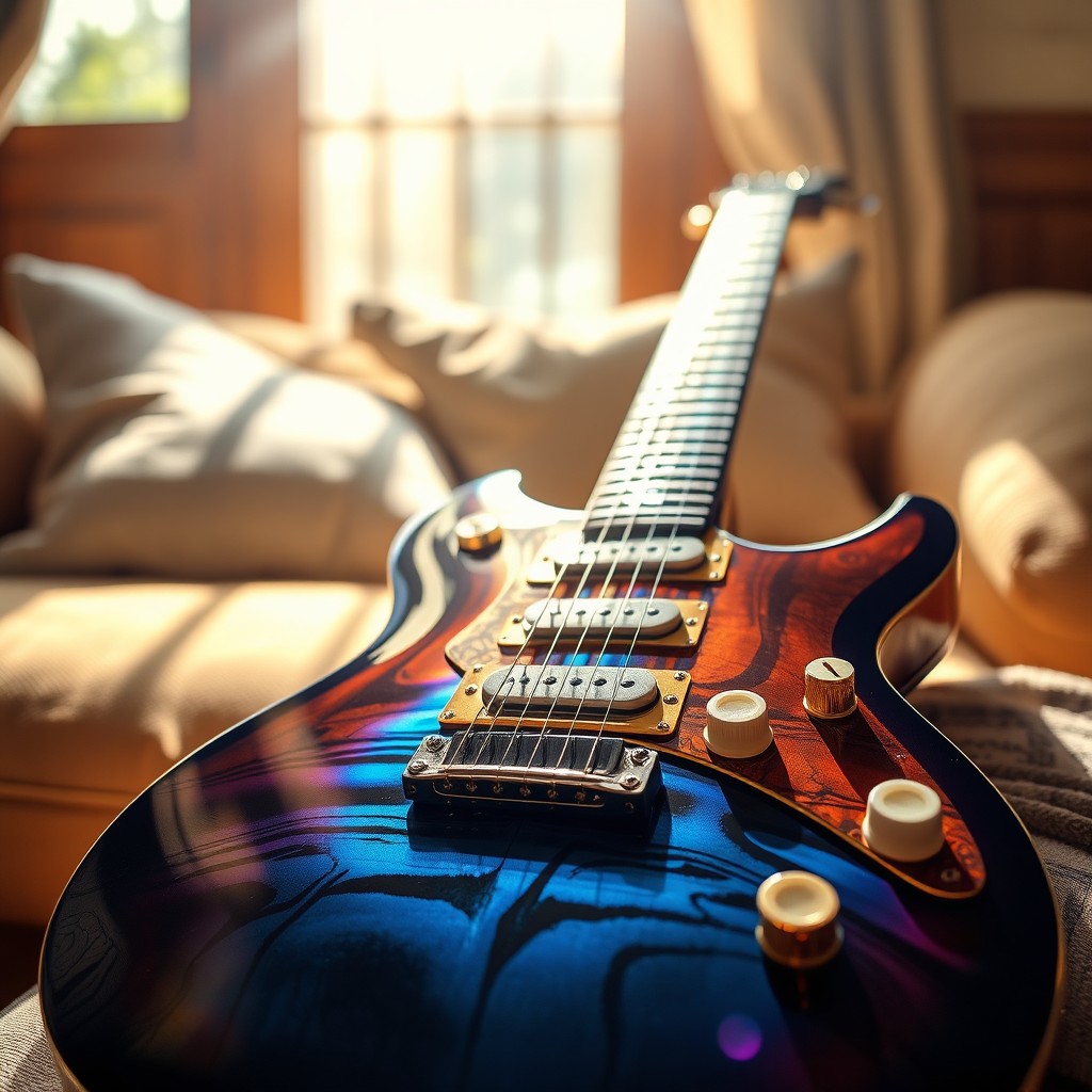 A stunning electric guitar resting in a sunlit room, with vibrant colors reflecting off its polished body