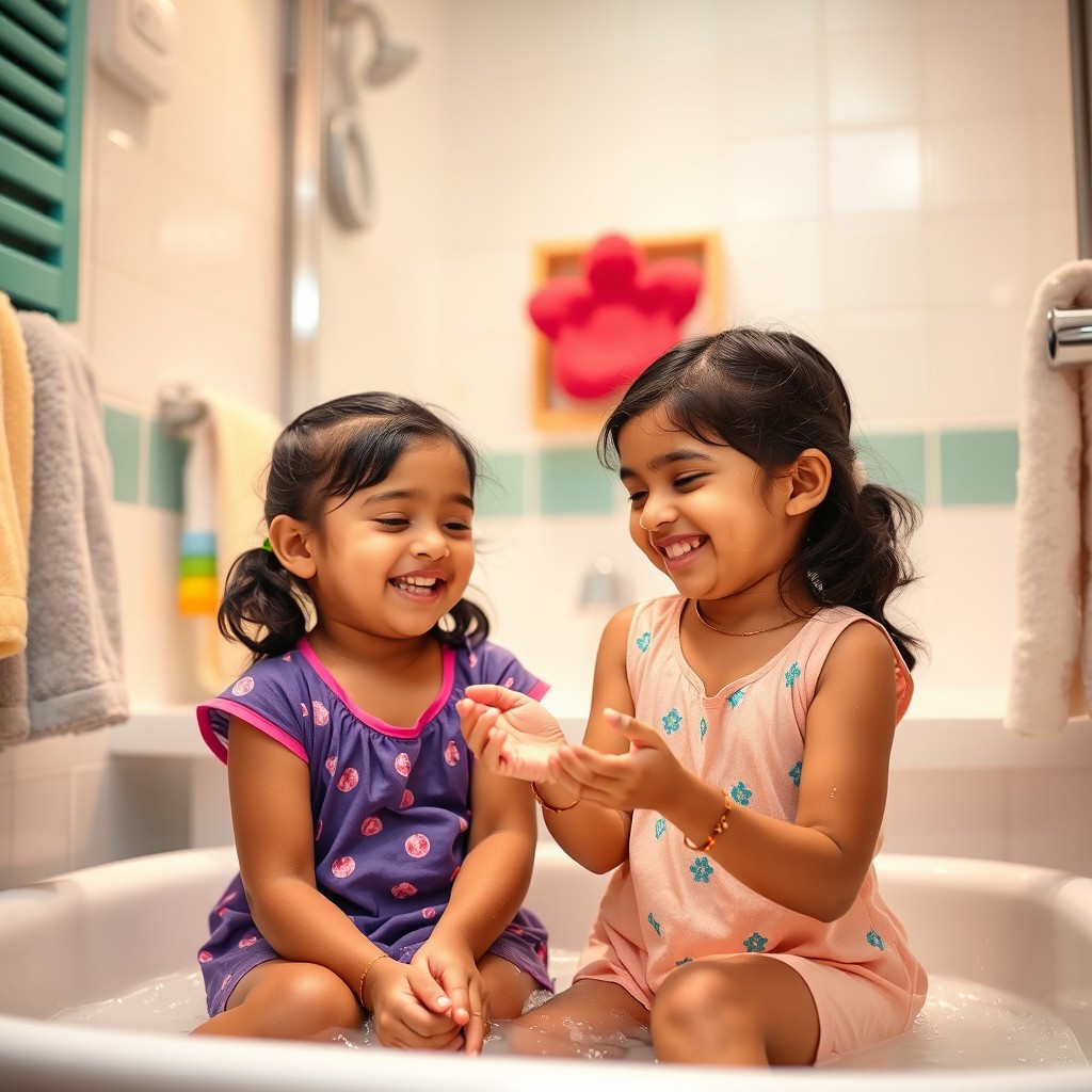 Two young Indian sisters in a playful and innocent moment in a bathroom, showcasing their close sibling bond