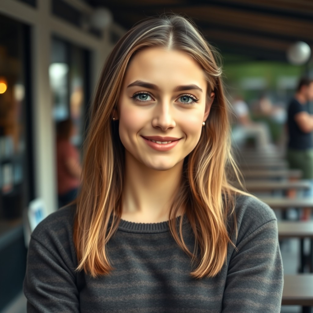 A pretty European woman in her 20s with natural skin texture, wearing modest casual clothes such as a t-shirt, sweater, or blouse