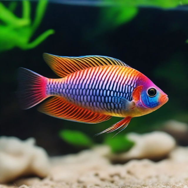 A vibrantly colored gourami fish swimming elegantly in clear freshwater