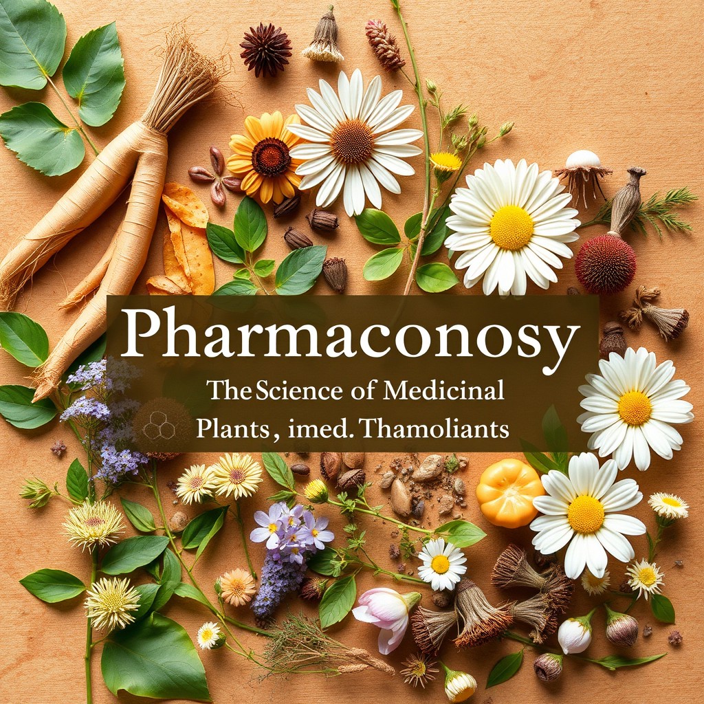 A visually striking cover page for a pharmacognosy textbook, featuring a beautifully arranged variety of medicinal plants including ginseng, echinacea, and chamomile, artistically displayed on a background that gives an organic and natural feel