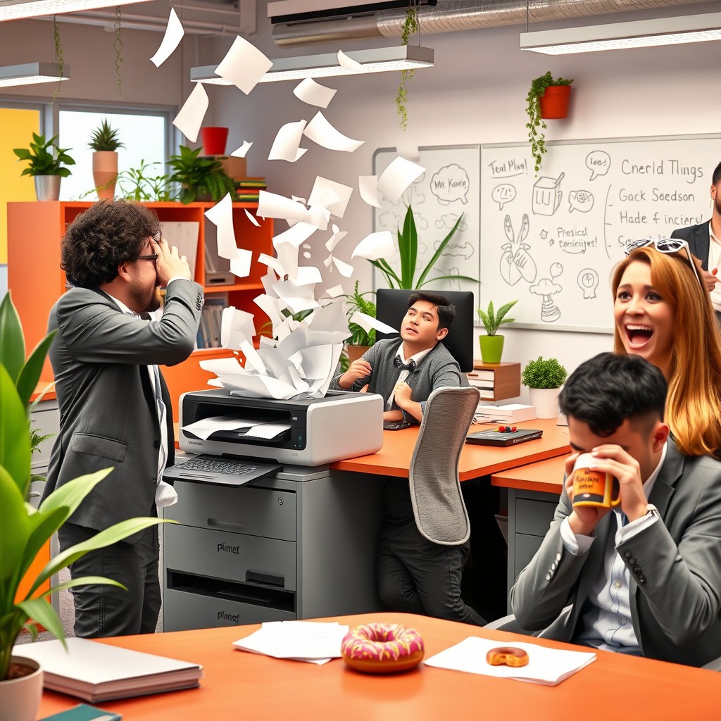 A humorous office scene featuring a group of coworkers in a vibrant modern workspace