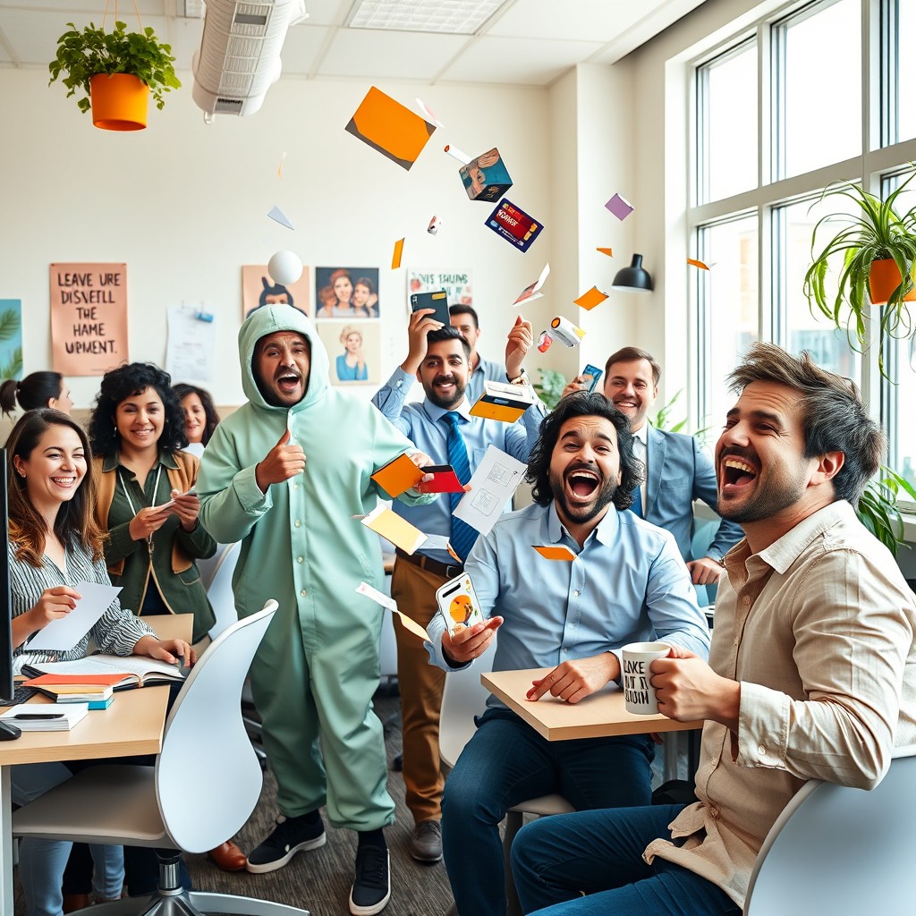 A humorous office scene filled with playful chaos, featuring a diverse group of coworkers in a bright and colorful modern office environment