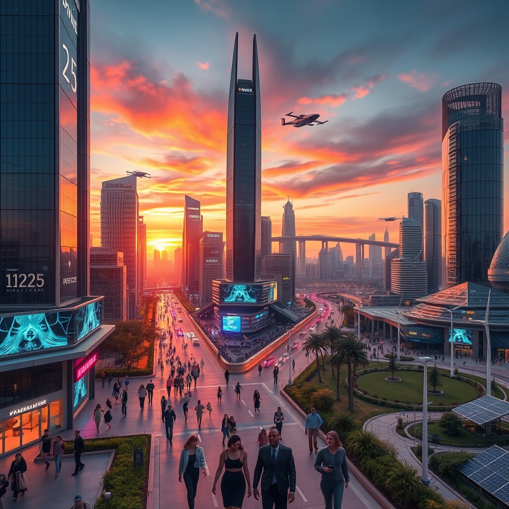 A breathtaking view of a futuristic city in the year 2125, featuring sleek skyscrapers made of glass and metal, with flying cars zipping through the sky