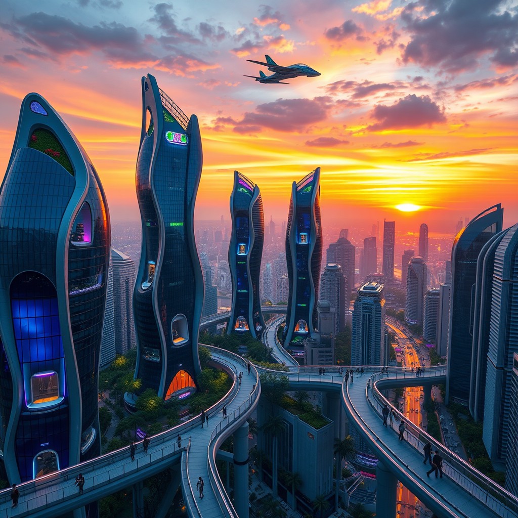 A breathtaking futuristic cityscape at dusk, showcasing towering skyscrapers with unique, organic designs made of glass and metal, illuminated by neon lights in vibrant colors