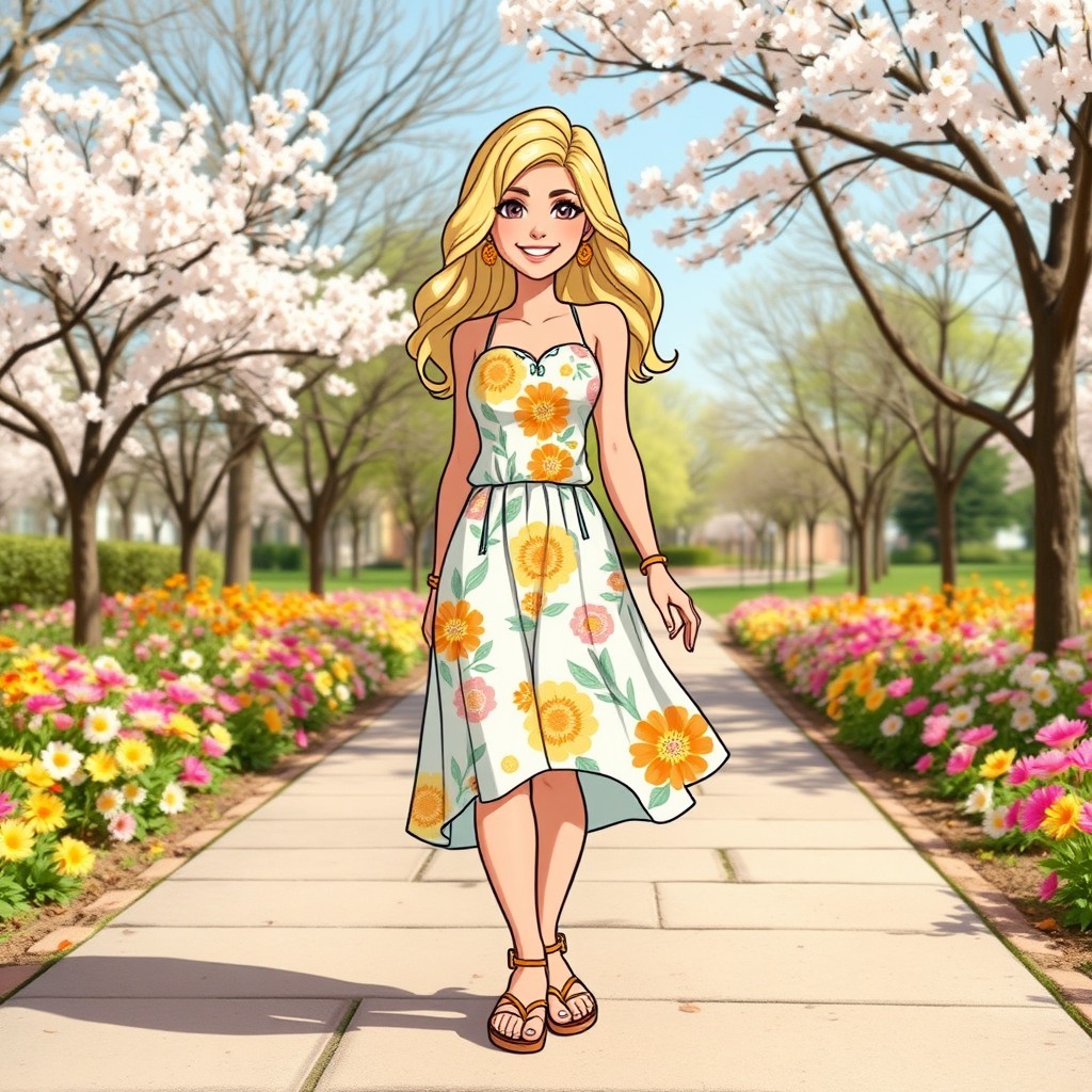 A vibrant and cheerful blonde female comic book character dressed in stylish spring clothes, featuring bright floral patterns