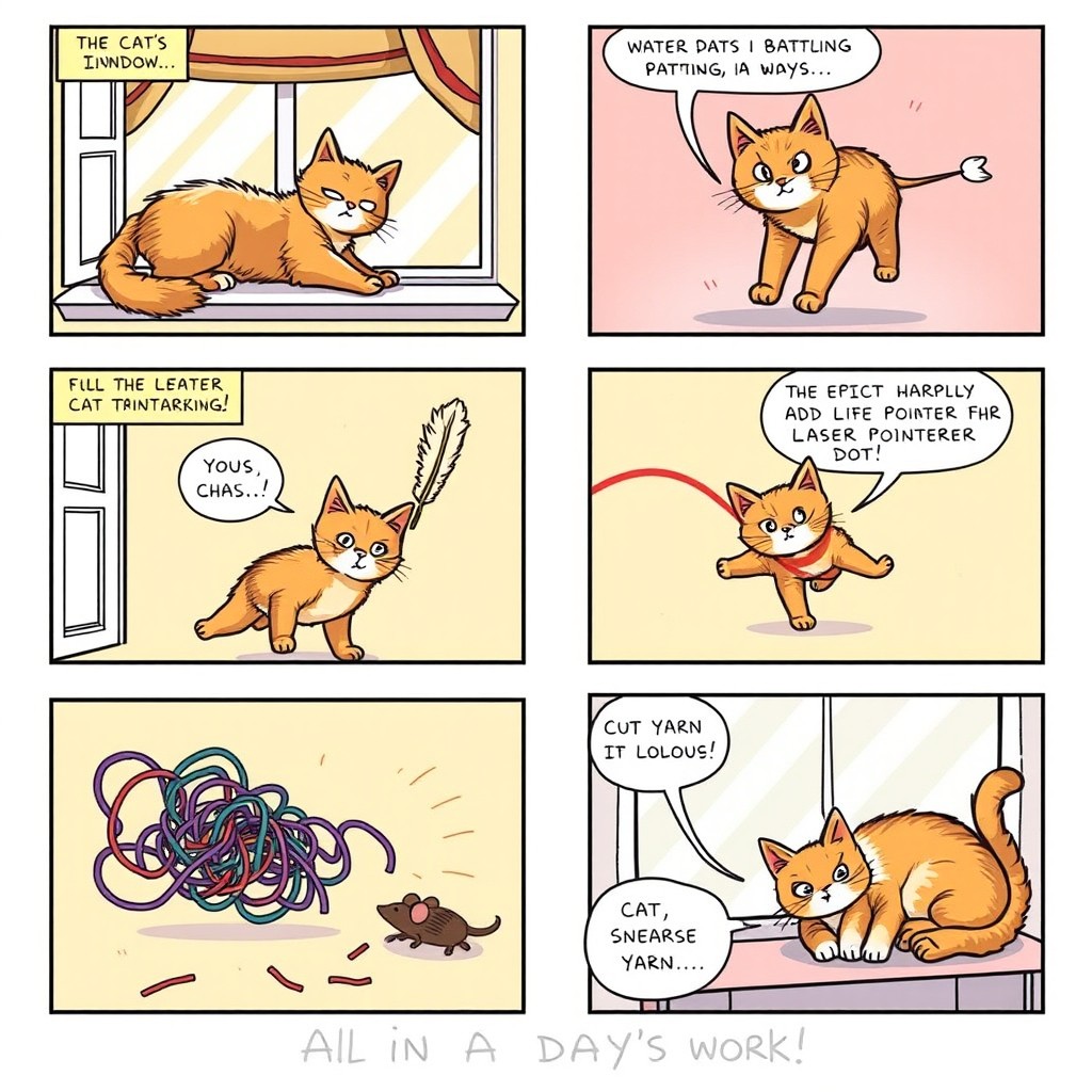 A comic book page featuring 6 panels arranged in 3 tiers, showcasing a playful and humorous series of cat adventures