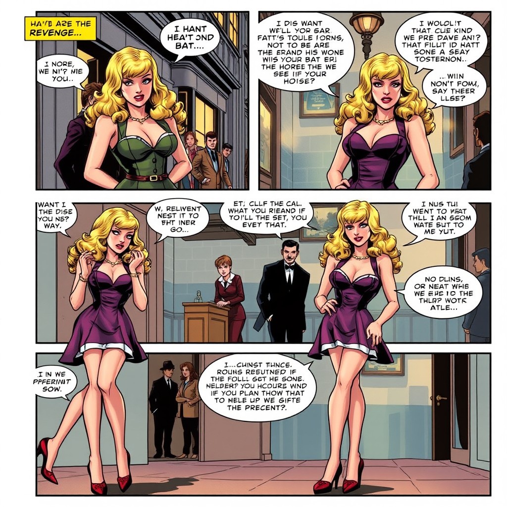 A comic book page featuring six panels organized in three tiers, depicting two voluptuous blonde women dressed in classic vintage clothing and stylish shoes