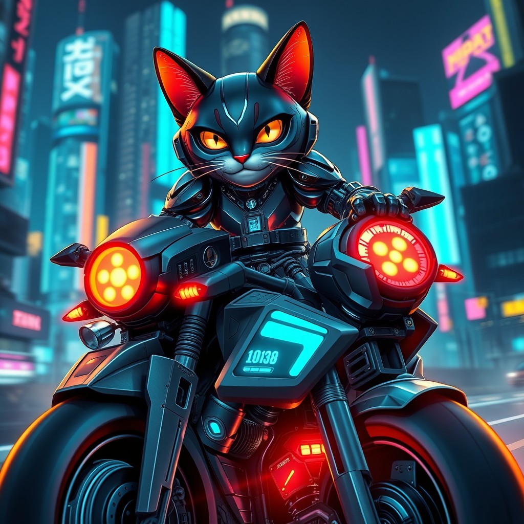 A striking image of a mecha cat, designed with sleek, metallic features and glowing accents, riding a futuristic bike that boasts a streamlined design and advanced technological elements