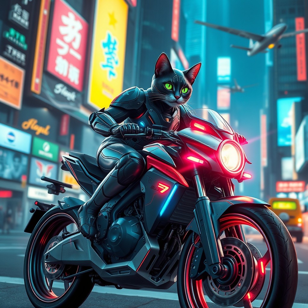 A visually captivating scene of a mecha cat, featuring sleek armor plating and glowing neon accents, skillfully maneuvering a futuristic motorcycle
