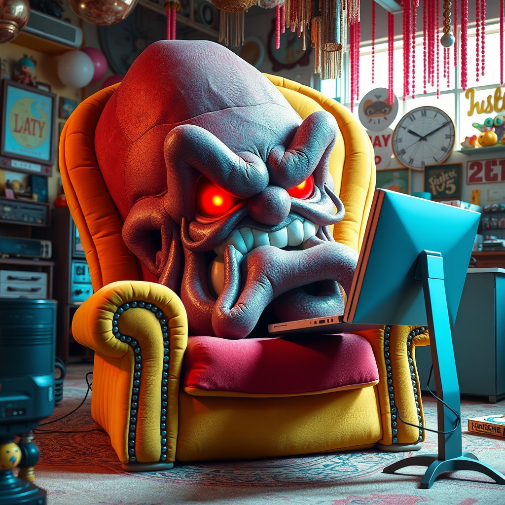 A large, whimsical chair featuring a cartoonish head of Steakwad, with exaggerated crazed features and glowing red eyes, energetically devouring a computer screen
