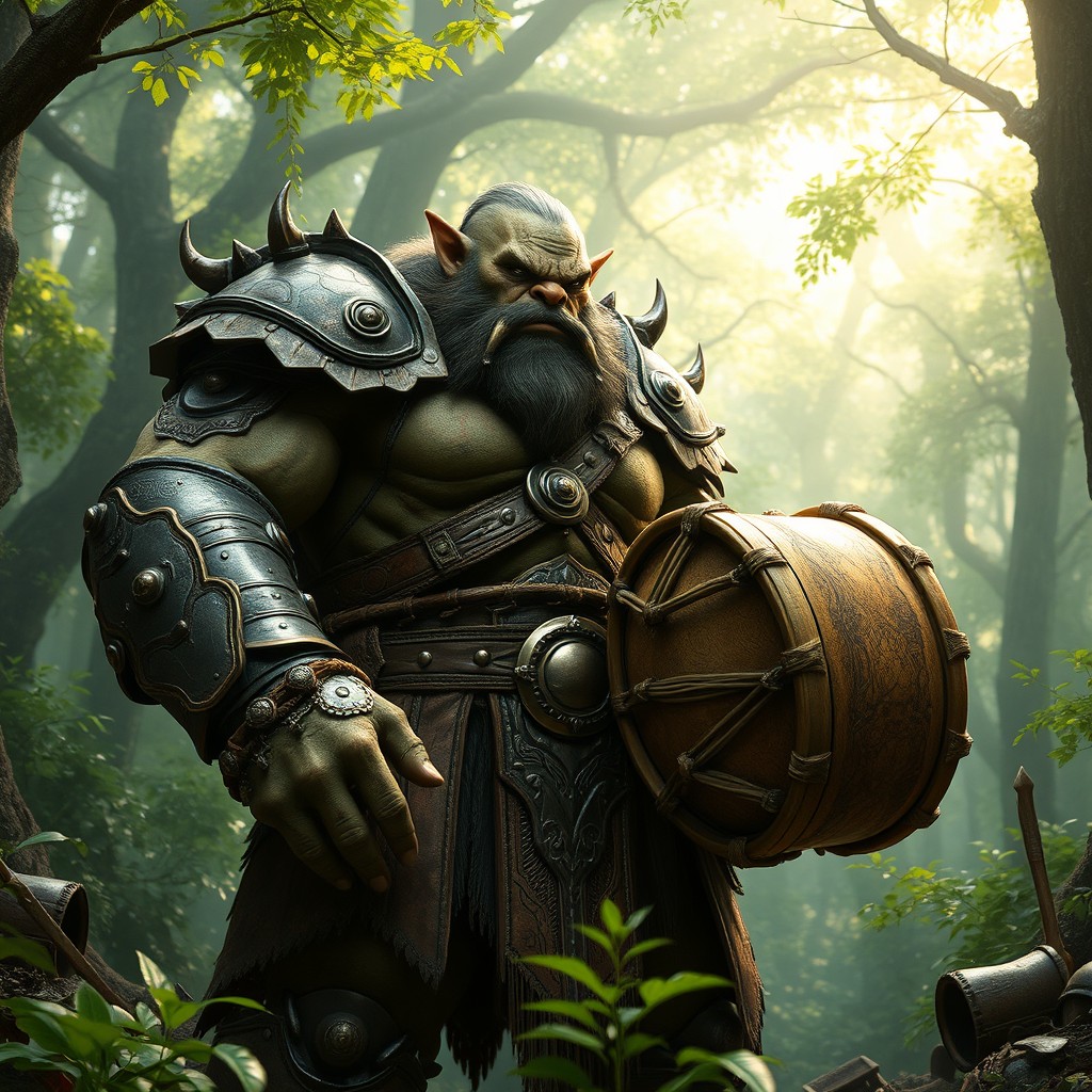 A powerful male orc, towering and muscular, clad in intricate heavy armor that gleams with battle-worn details
