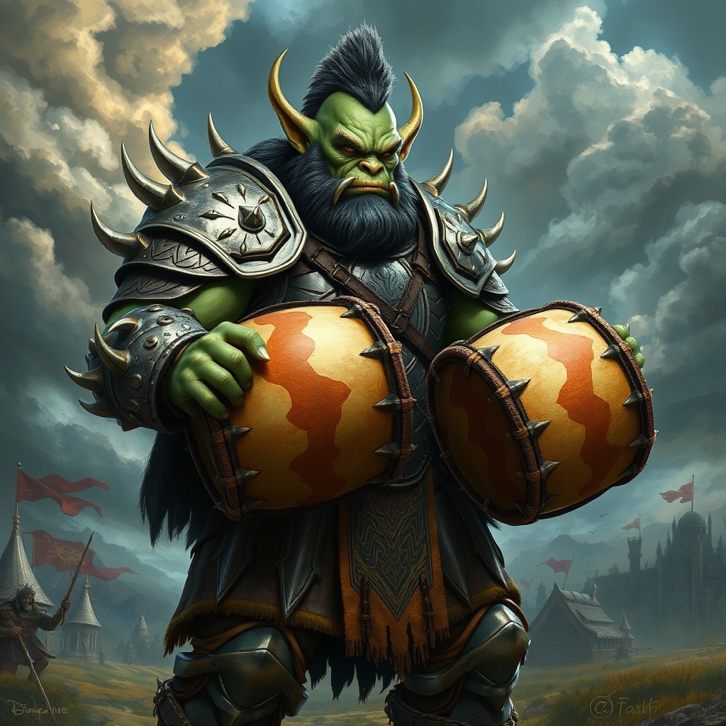A fierce male orc adorned in shining plate armor, intricately designed with bold patterns and spikes, emphasizing his formidable presence