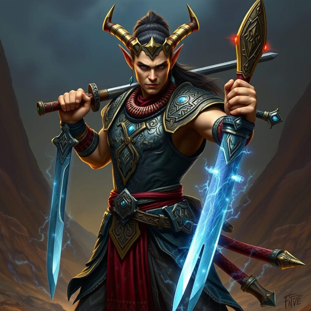 A githzerai warrior, showcasing a strong and confident posture, wielding a scimitar in one hand and a jambiya in the other