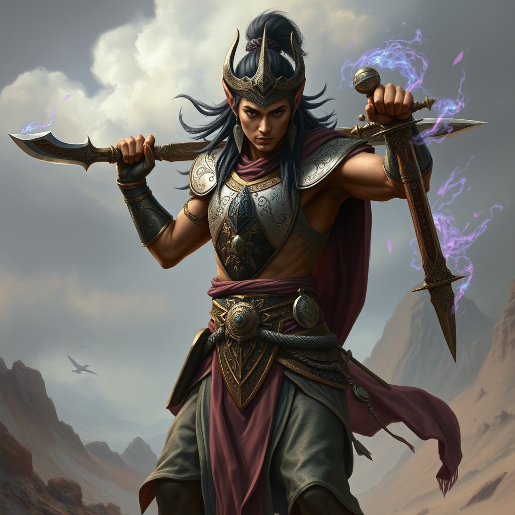 A Githzerai psychokinetic warrior in an epic fantasy setting, wielding a beautifully crafted scimitar and a traditional jambiya