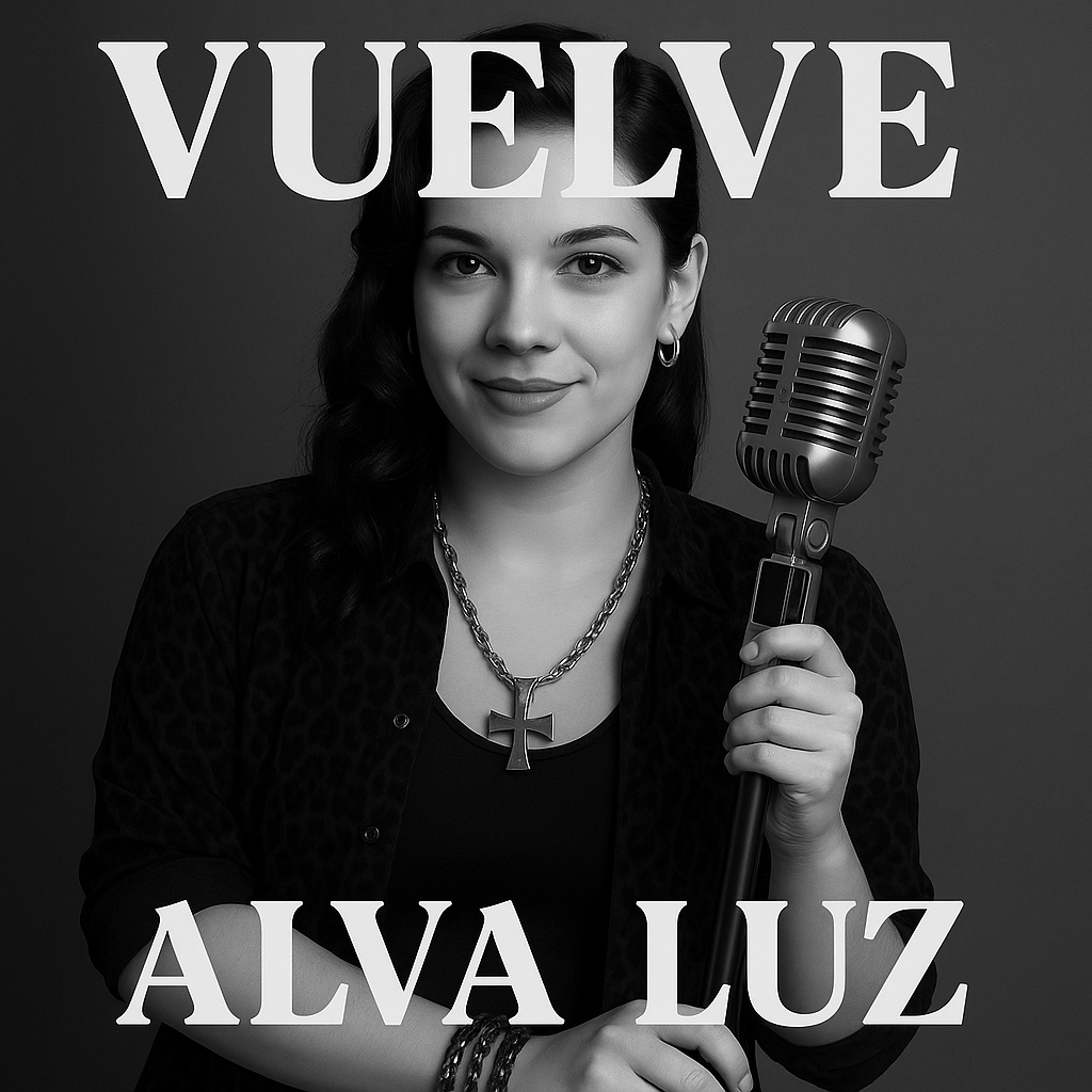 Create a music cd cover using this photo. The art must be 3000 x 3000 pixels. The song name is "Vuelve," and the artist name is "ALVA LUZ".