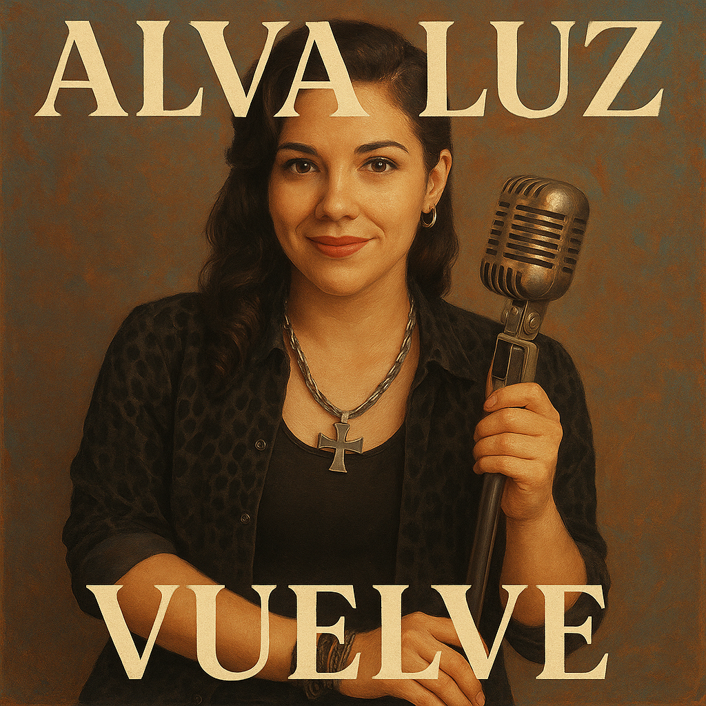 Create a music cd cover using this photo. The art must be 3000 x 3000 pixels. The song name is "Vuelve," and the artist name is "ALVA LUZ". Use artistic style. The letters should not be too big. Use margins in an artistic way.