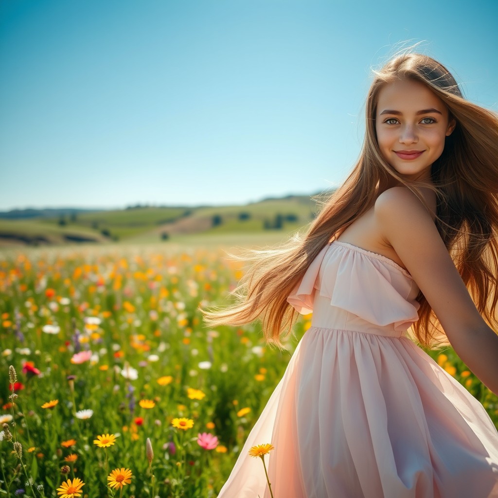 A stunningly beautiful young woman with long, flowing hair, glowing skin, and bright, expressive eyes