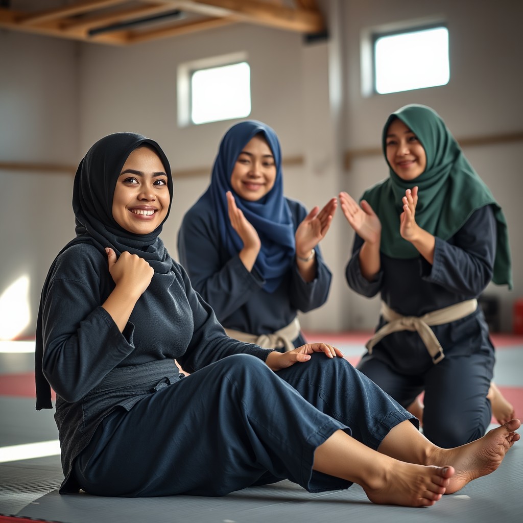 A dramatic scene depicting three women in hijabs showcasing camaraderie and victory after a jiu jitsu training session