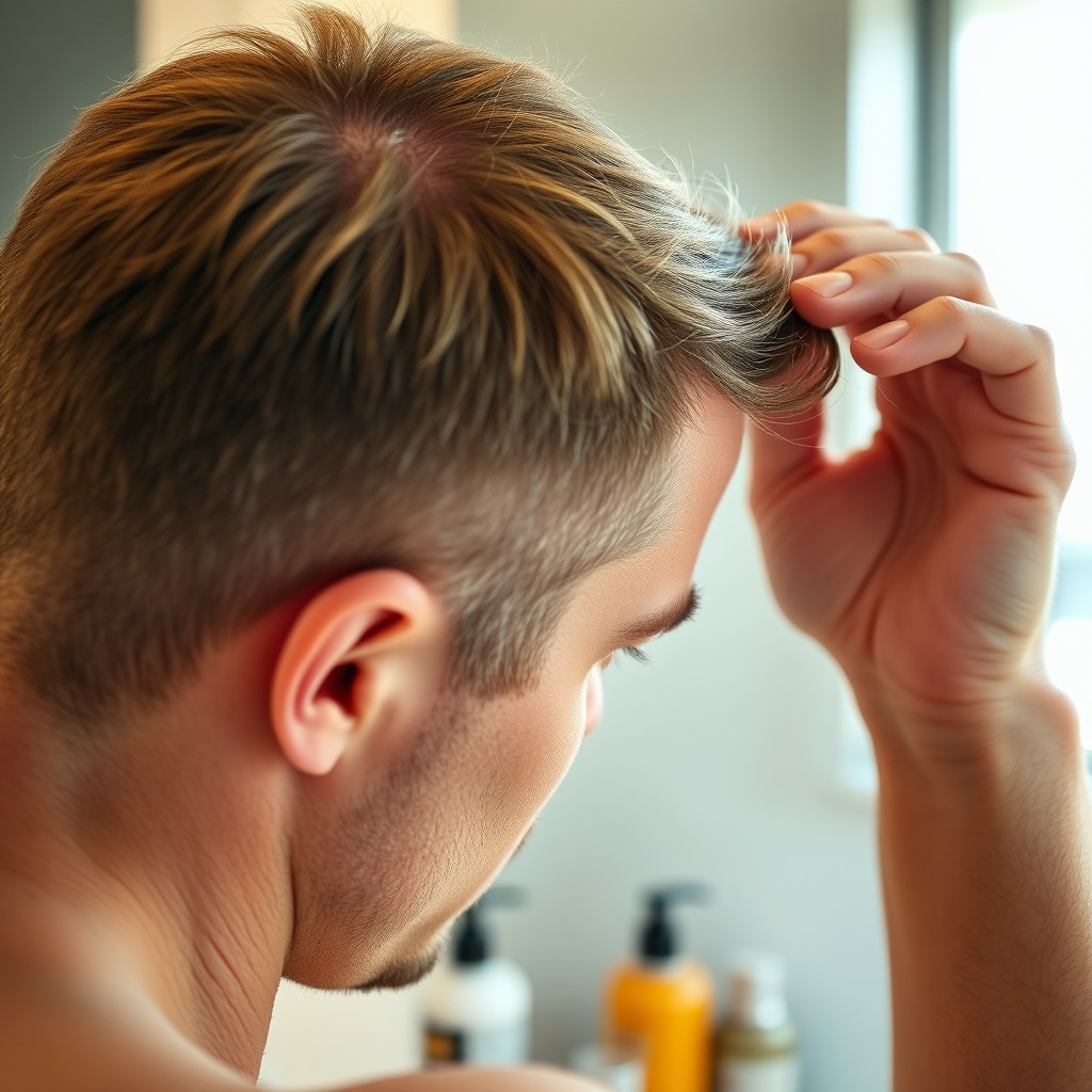 A close-up of a man's head showing a detailed view of thinning hair and hair loss, with a thoughtful expression on his face