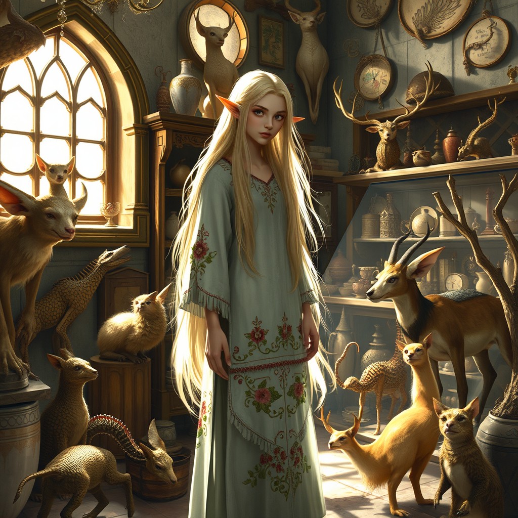 A serene elven character standing amidst the intriguing displays of a taxidermy shop, surrounded by meticulously preserved animals and exotic specimens