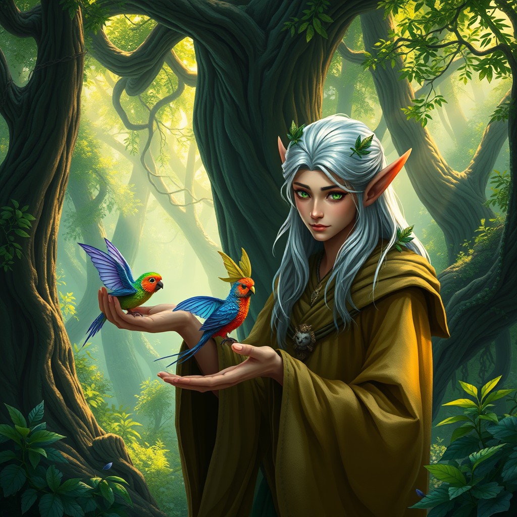 Rixxen, the Elven Wildlife Biologist, depicted in the enchanting depths of a lush, vibrant forest