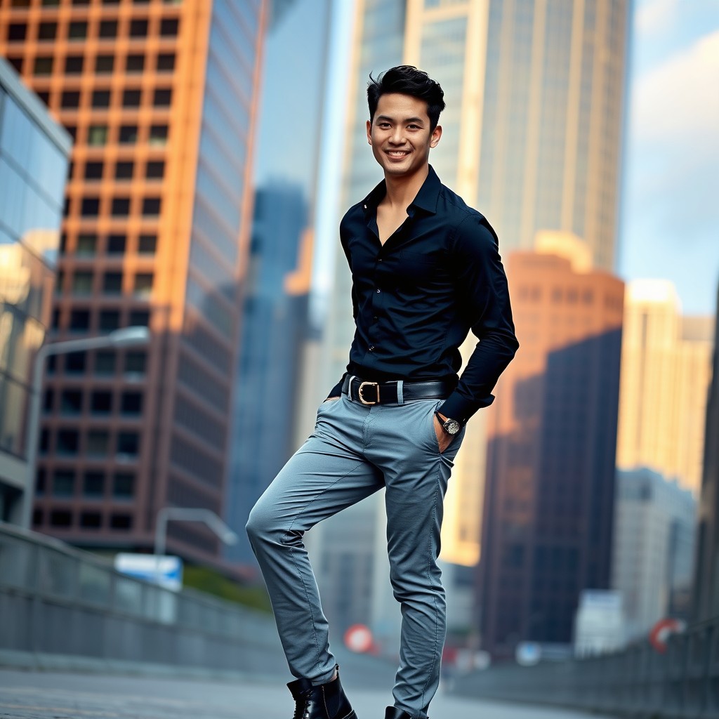 A stylish Chinese male model dressed in a black shirt, grey pants, and black boots