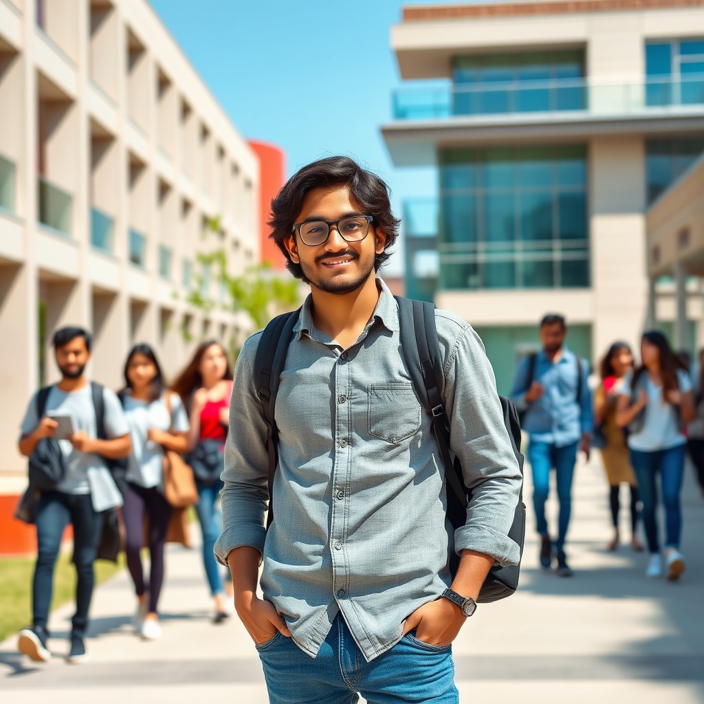 A full-body portrait of a male student from the Middle East, dressed in casual academic attire such as a button-up shirt and jeans, standing confidently with a backpack slung over one shoulder