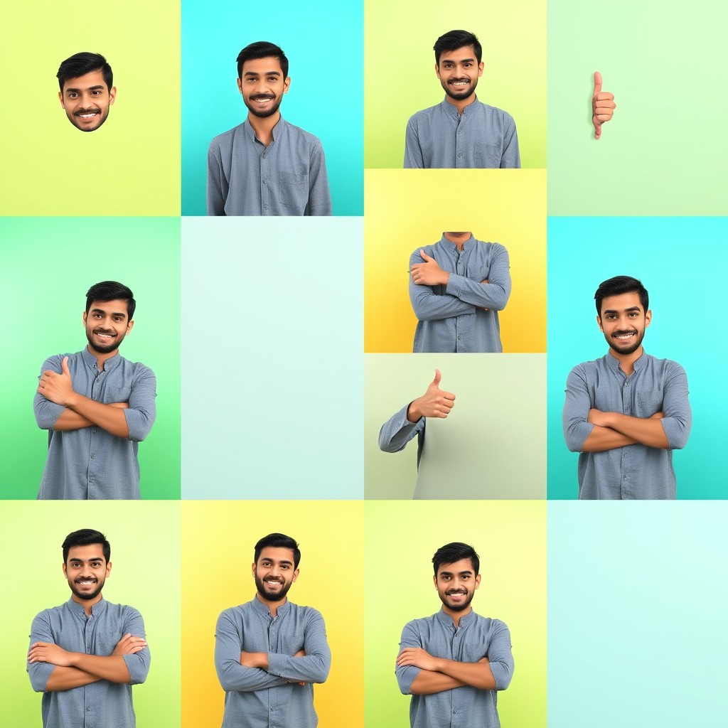 A grid of 12 square photos (3x4 layout) featuring the same male student from the Middle East in each square, showcasing different body language expressions