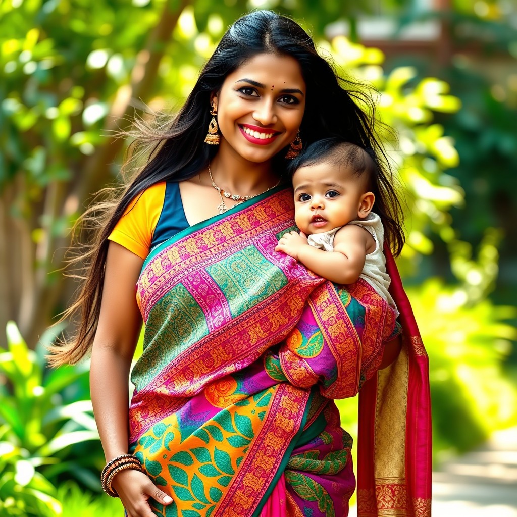 A beautiful Indian woman wearing a vibrant saree, elegantly draped around her body