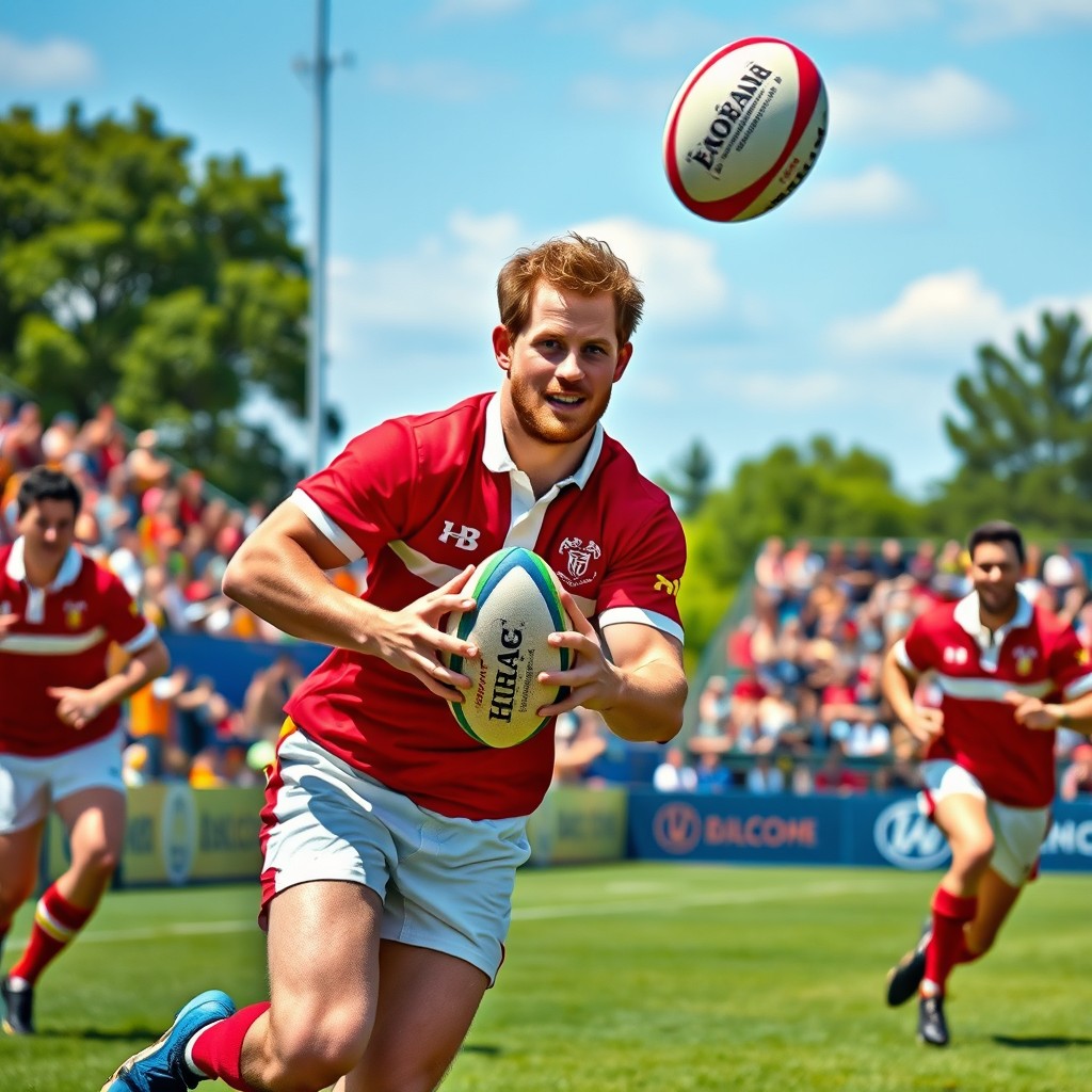 Prince Harry playing rugby on a vibrant field, wearing a red and white rugby jersey, with a determined expression on his face