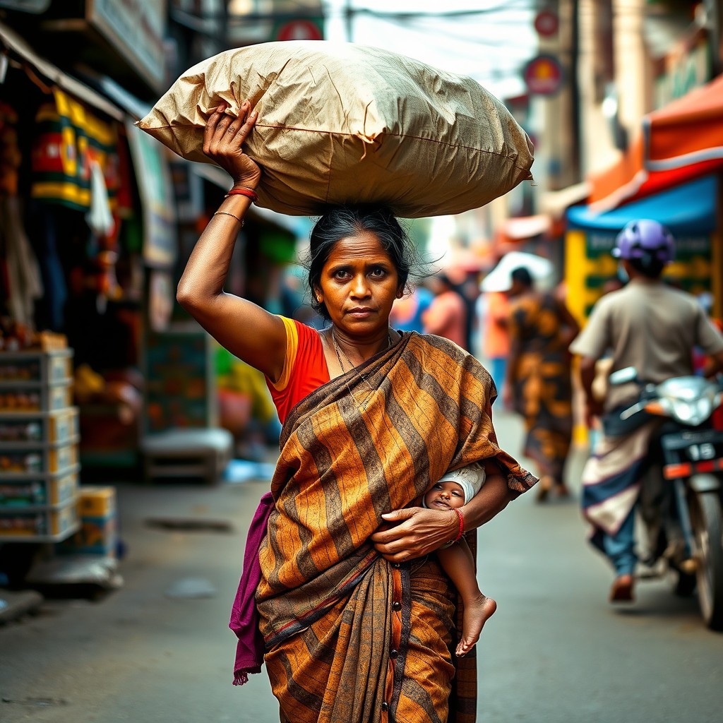 A resilient woman walking on a bustling street, expertly balancing a heavy parcel on her head while carrying a child on her waist